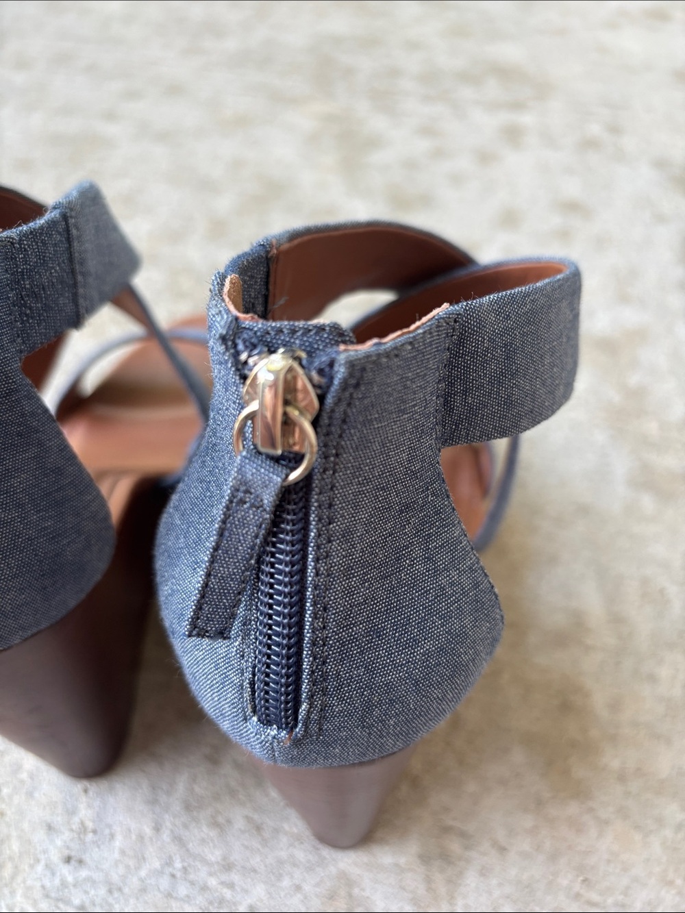 White House Black Market Chambray Crisscross Wedge Sandals - Blue and Brown - Picture 7 of 15